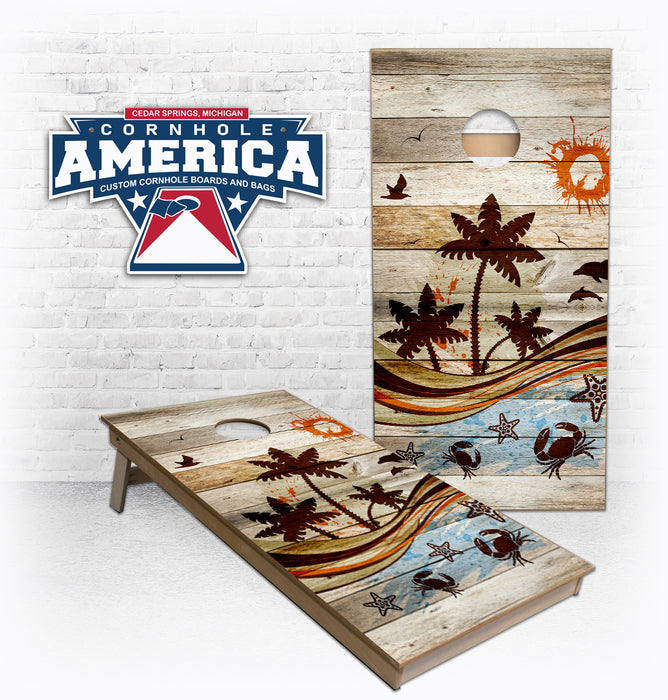Rustic Wood Beach Scene shells and sand Cornhole Boards