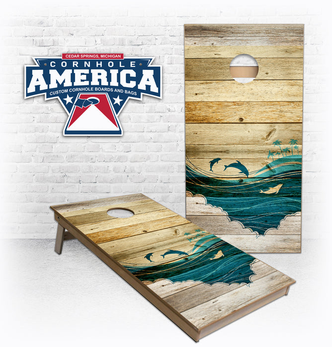 Rustic wood with Dolphin beach scene Cornhole Boards