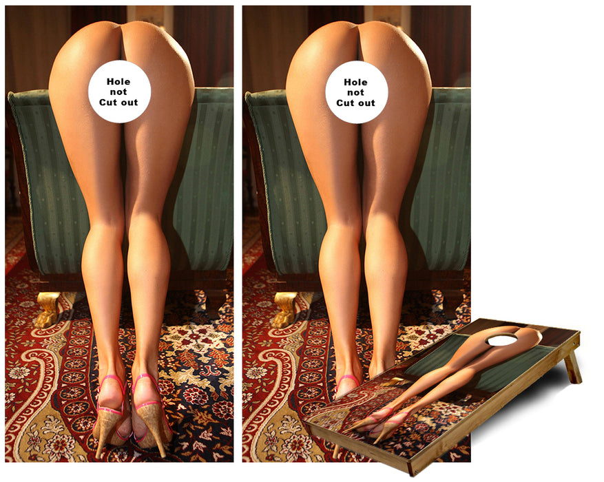 Girl Bent over couch butt for hole Cornhole Wraps