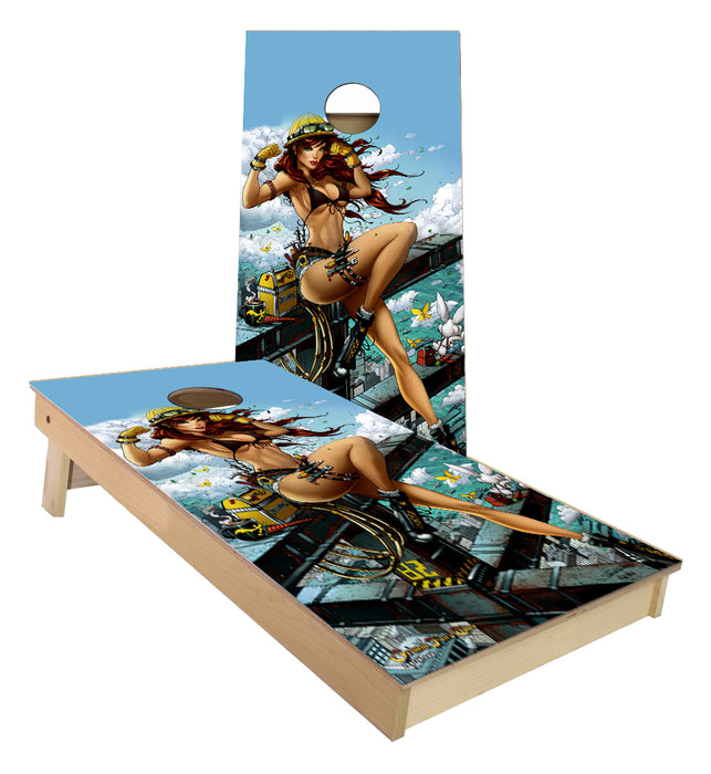 Beautiful Steel Iron Worker Construction cornhole boards