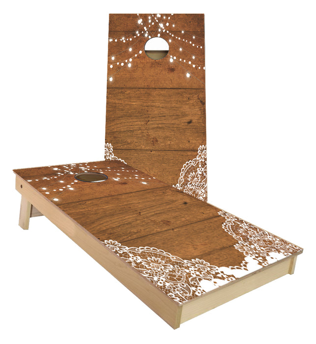 Barn Wood Wedding Lights cornhole boards