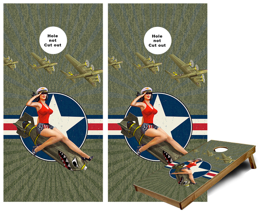 US Bomber Planes Pin up Girl brunette Cornhole Wraps