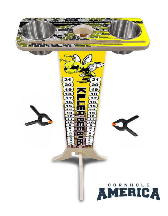 Killer Bees Cornhole Bags Score tower with Cup holders and tablet/phone holder