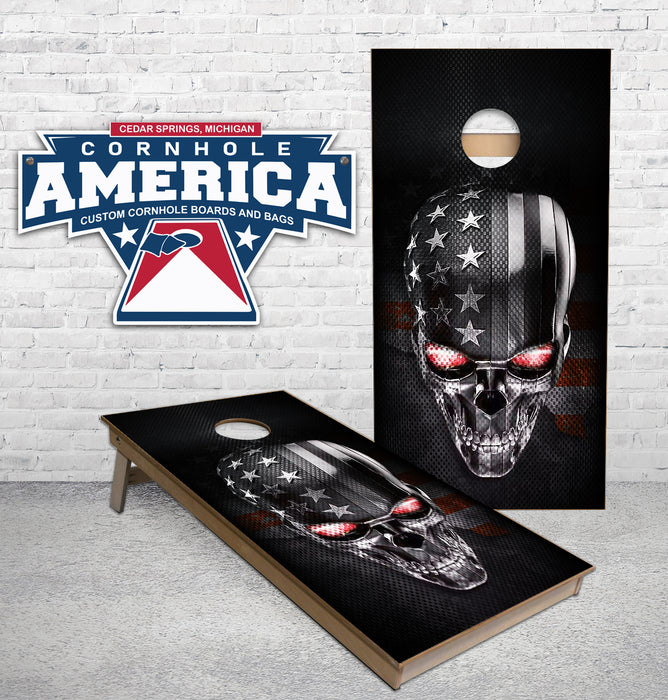 3D Skull with American Flag Grunge Cornhole Boards