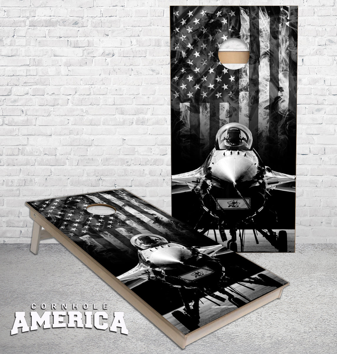 F-16 Fighter Jet and American Flag in grey tone cornhole boards ...
