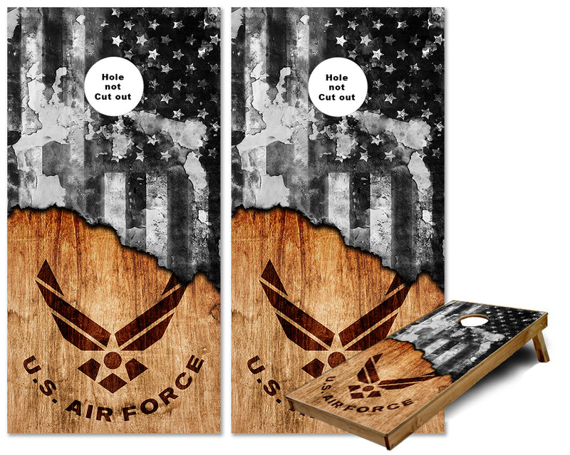 Air Force Wood and BW American Grunge flag cornhole wraps