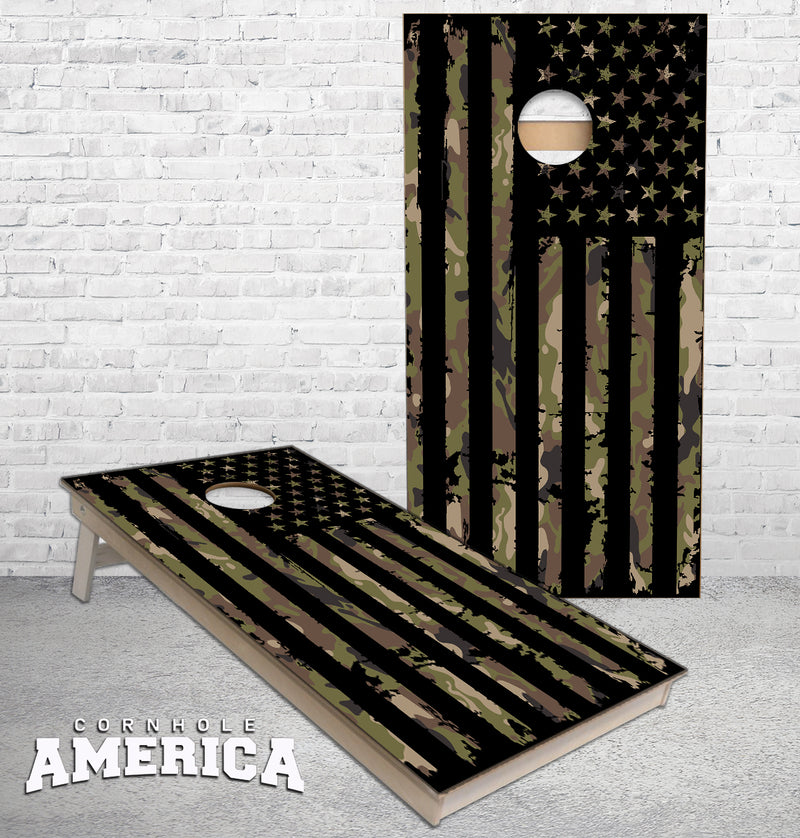 Camo US American Flag on black background cornhole boards