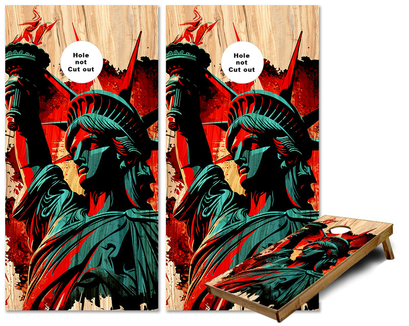 Statue of Liberty Art on wood cornhole wraps