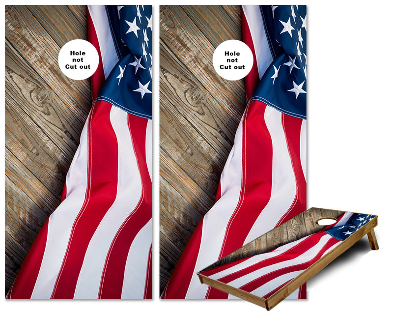 American Flag draped on some Rustic wood cornhole wraps