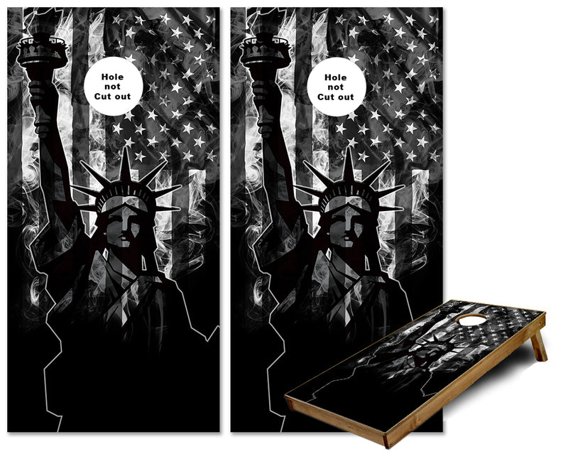 American Flag Statue of Liberty greyscale cornhole wraps