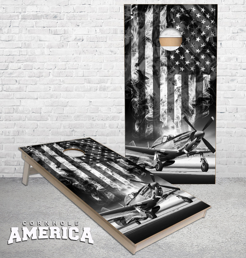 P 51 Mustang American Flag B/W Cornhole Boards