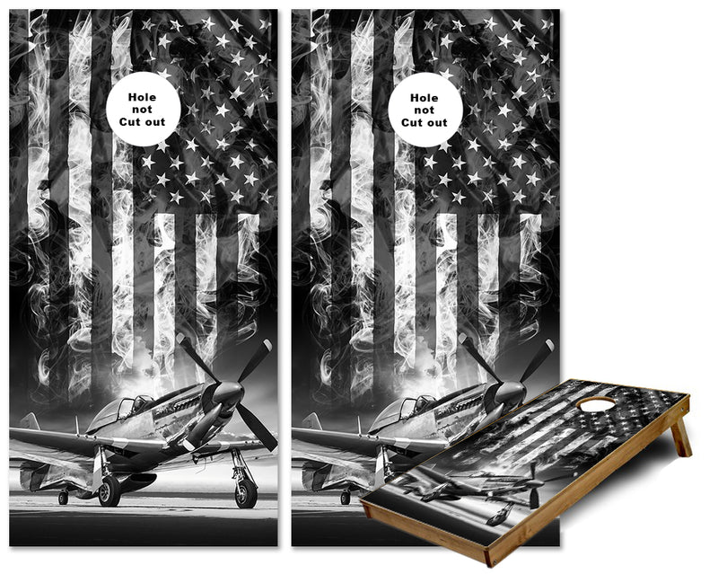 P-51 Mustang Airplane Smokey US Flag greyscale cornhole wrap