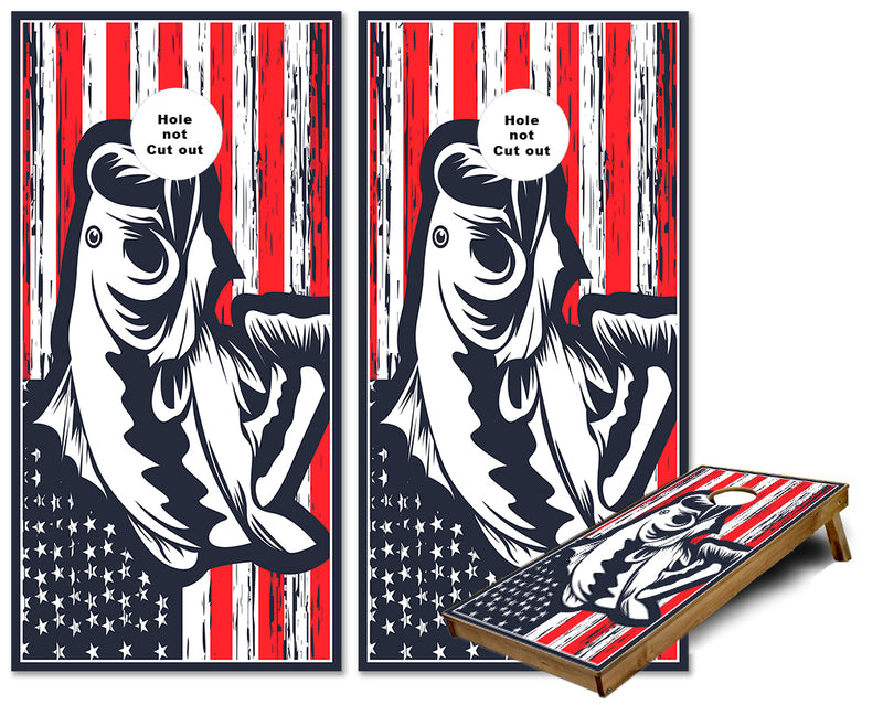 American Flag with Bass Fish cornhole wraps