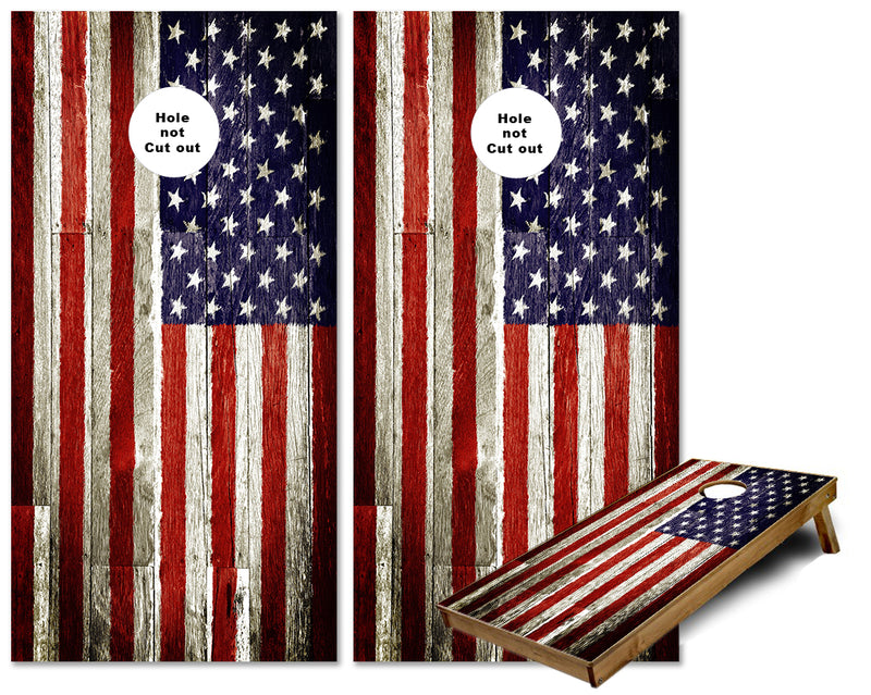 American Flag with Stained rustic wood look cornhole wraps