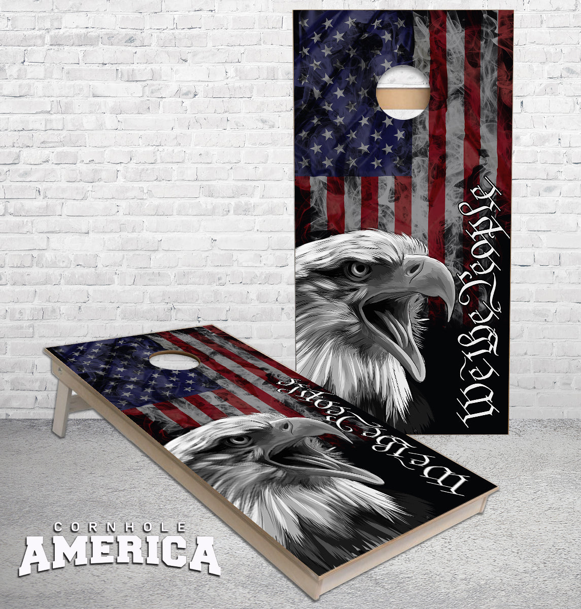 thumbnail interactive-video image 1 of Cornhole Board Wrap – US Veteran American Flag With Bald Eagle – Honor Military Vets – 48.5x24.5, Adhesive Vinyl – Wrapped In Ink 1 of 5