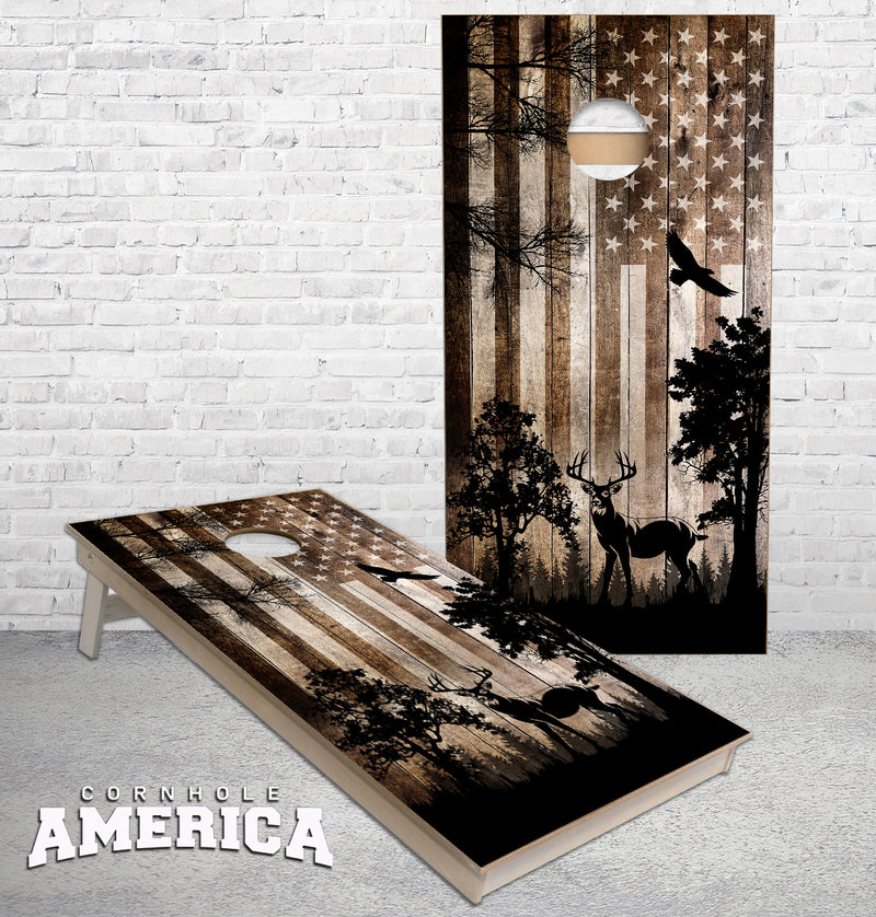 White Tail Buck Deer American Flag Cornhole boards