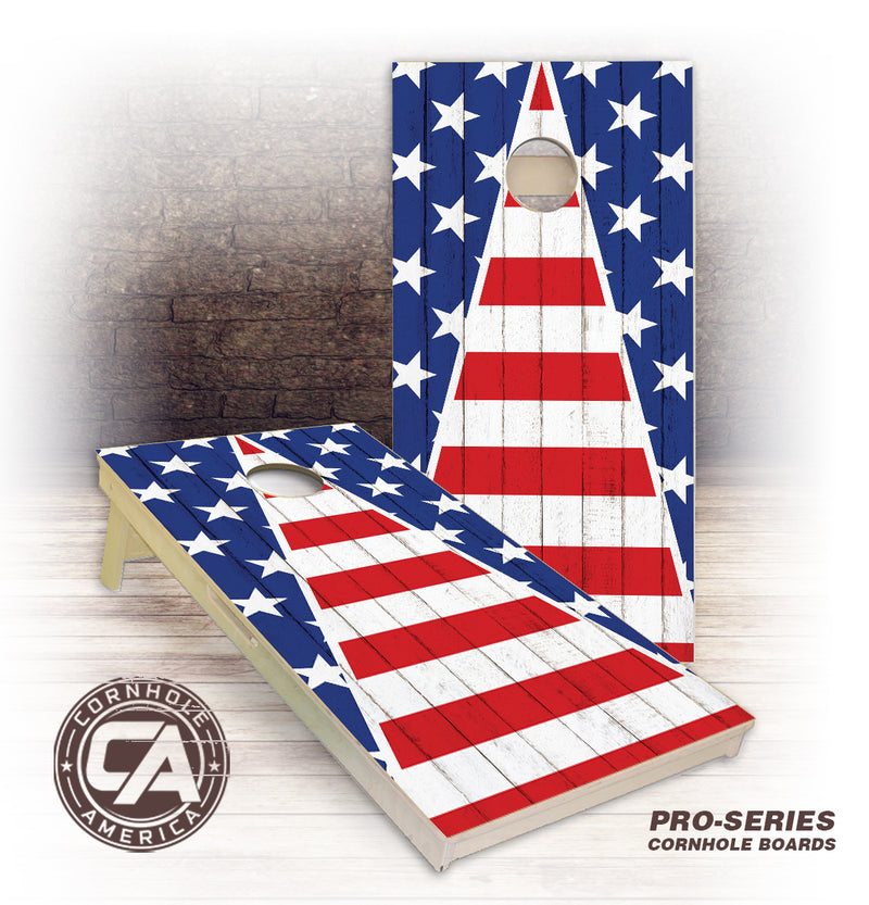 American Flag weathered triangle theme Stars and Stripes cornhole boards