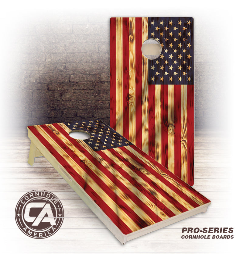 USA Rustic Burnt Flag Cornhole Boards