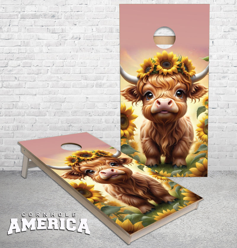 Highland Cow Mini with sunflower head dress cornhole boards