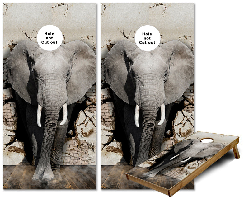 Elephant Smashing thru the Wall cornhole wraps