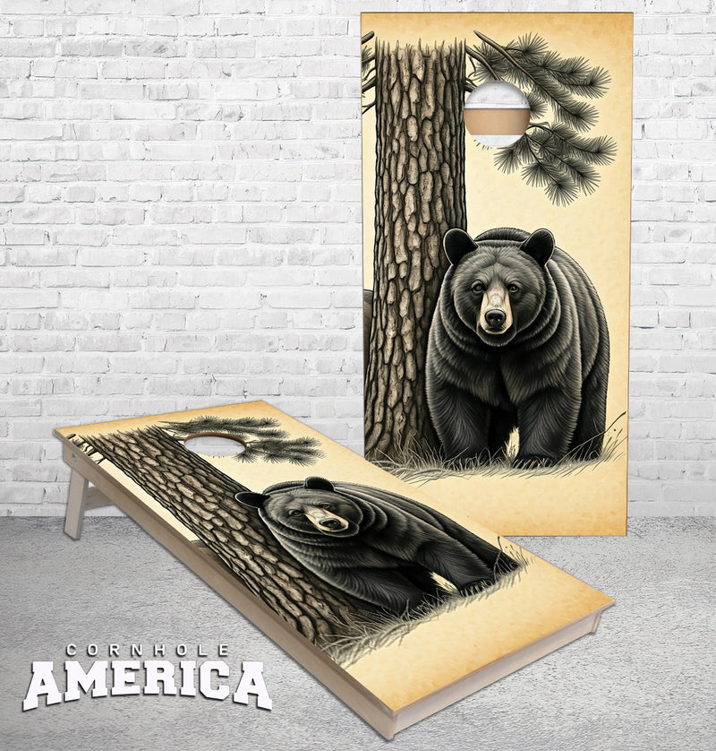 Black Bear under tree Pen ink cornhole boards