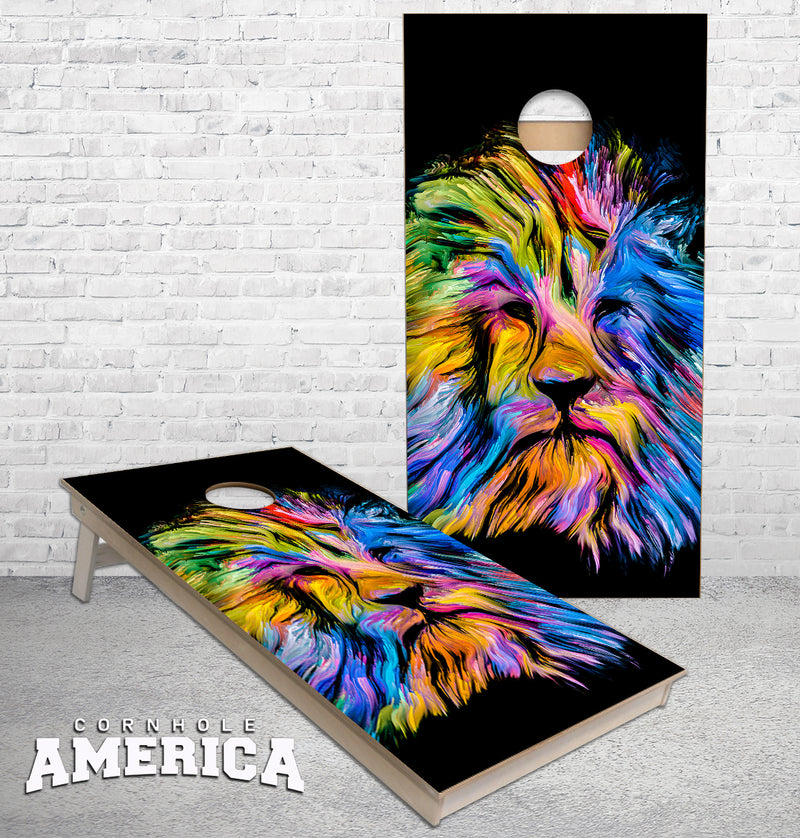 Lions head painted colorful cornhole boards