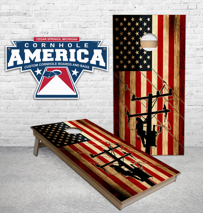 American Flag with Electrical Lineman rustic cornhole boards