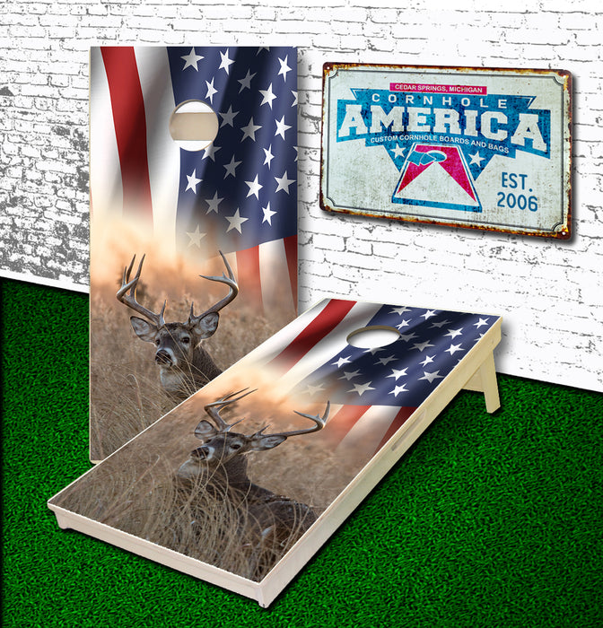 American Flag Whitetail Buck Sunset cornhole boards