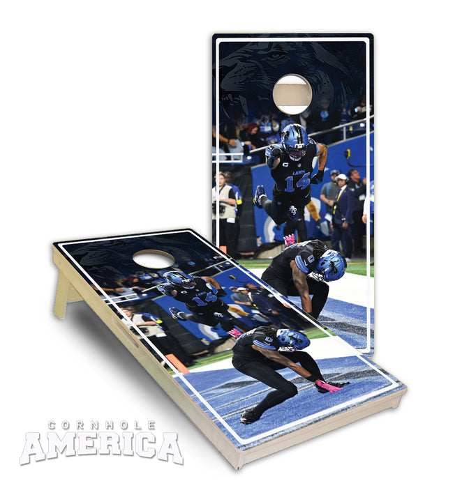 Lions Football Amon St Brown and Gibbs Flying Celebration cornhole boards