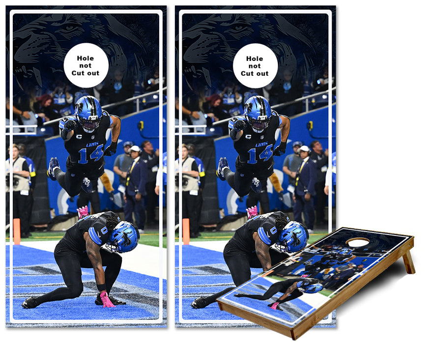 Detroit Football Amon St Brown and Gibbs Touchdown Celebration cornhole wraps
