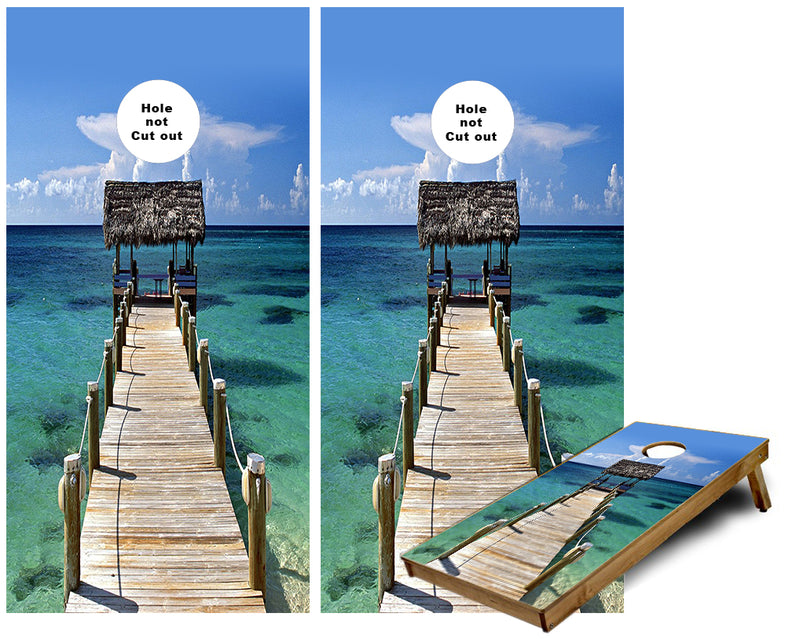 Tiki Hut at the end of a Dock cornhole wraps