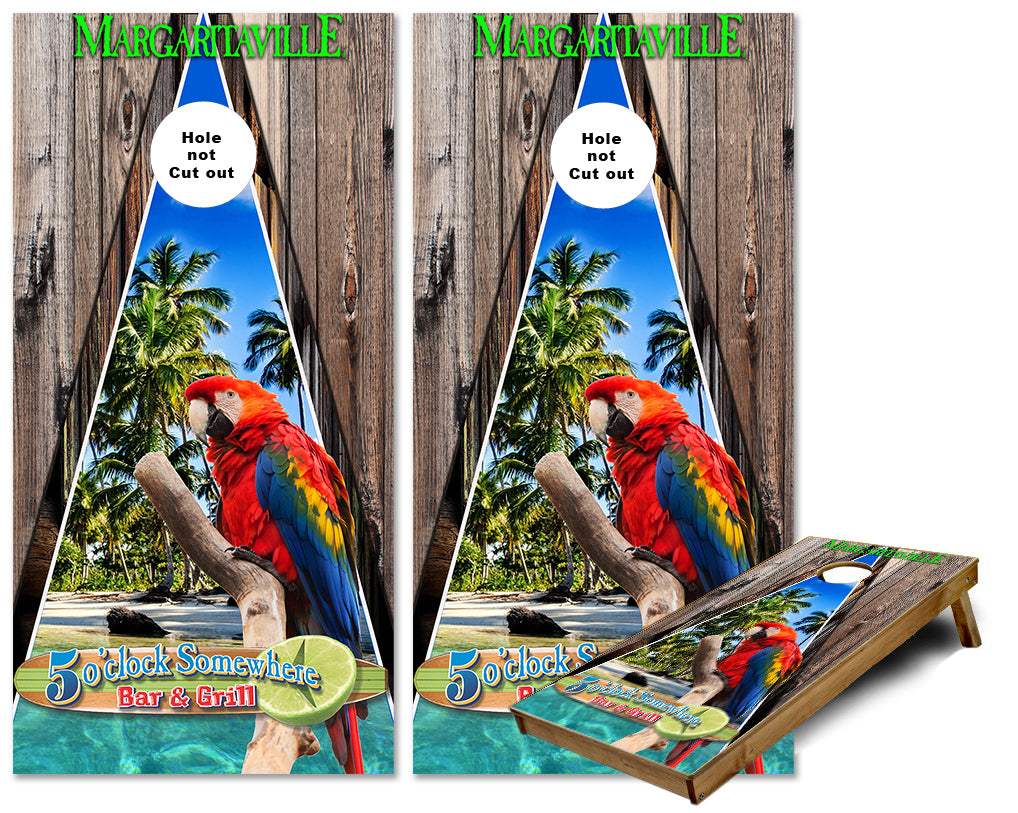 Margaritaville Parrot Triangle themed cornhole wraps — Cornhole America