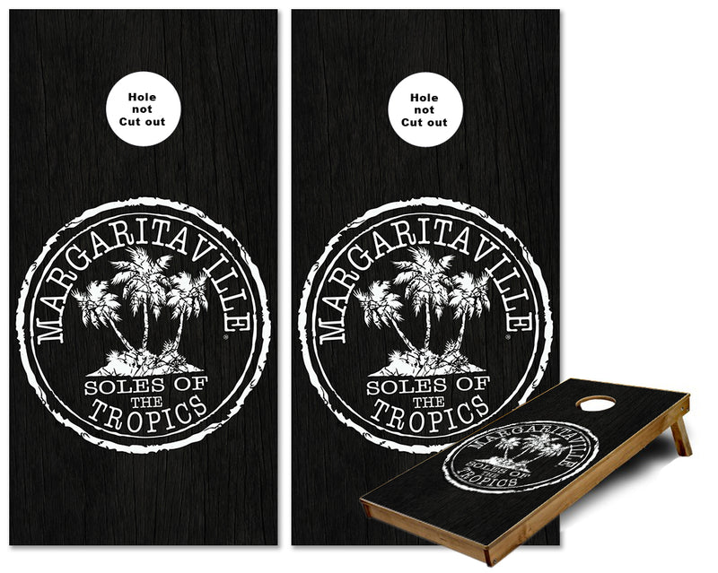Margaritaville Soles of the Tropic on Black wood cornhole wraps
