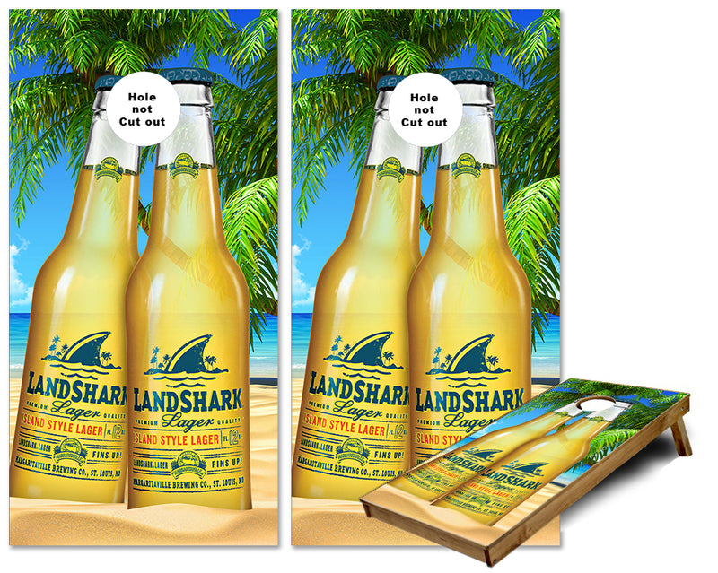 Landshark Lager bottles and palm trees cornhole wraps