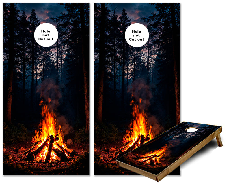 Bon Fire in the woods at night cornhole wraps