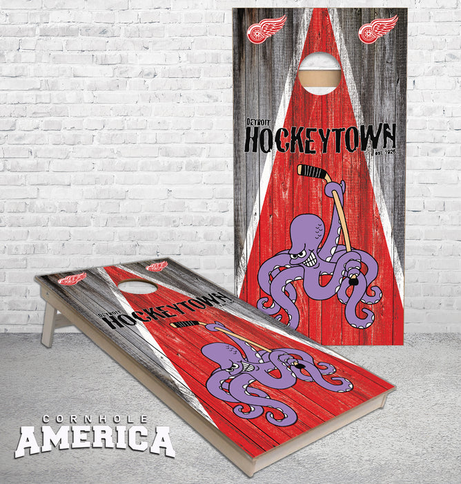 Detroit Hockey Town triangle theme cornhole boards