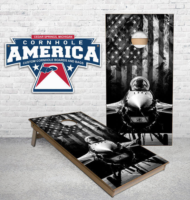 Fighter Jet American Flag B/W Cornhole Boards