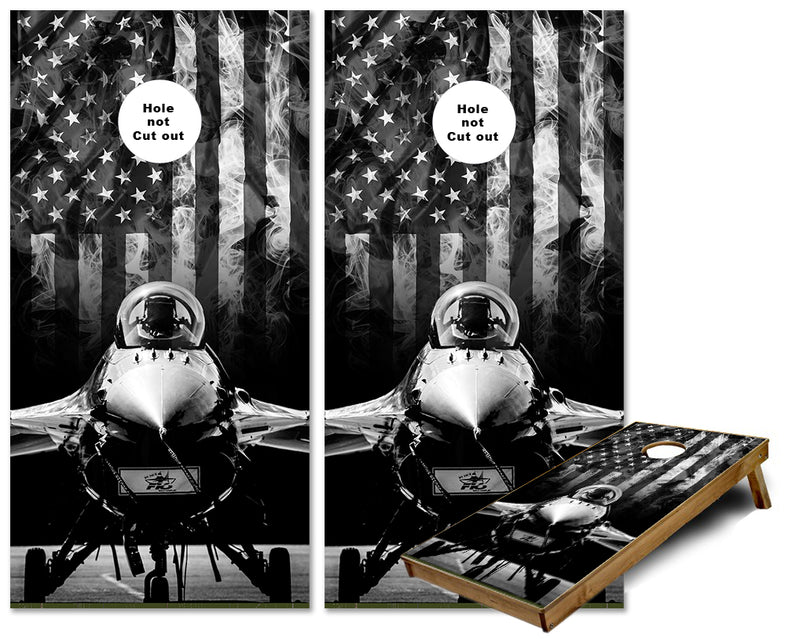 Fighter Jet American Flag B/W Cornhole Wraps