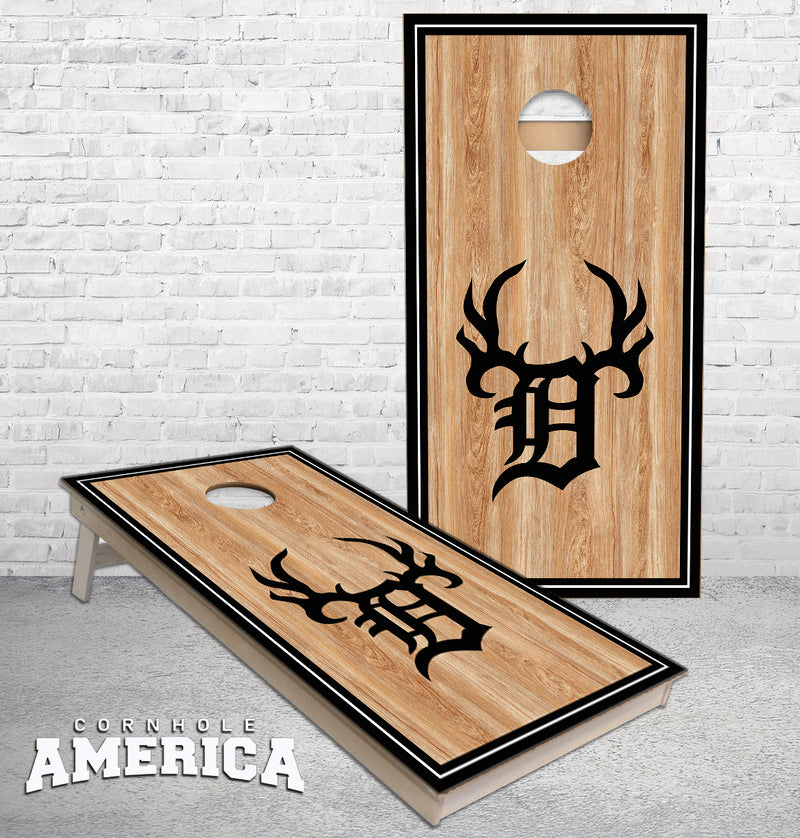 Detroit Buck Club Sports Stripes on wood cornhole boards