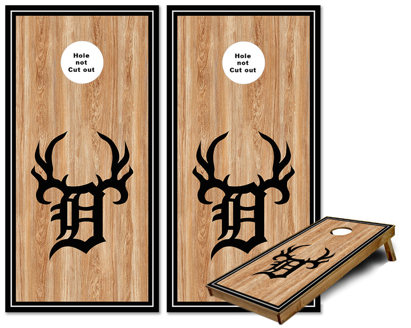 Detroit Buck Club Logo on stained wood with Sports stripe cornhole wraps