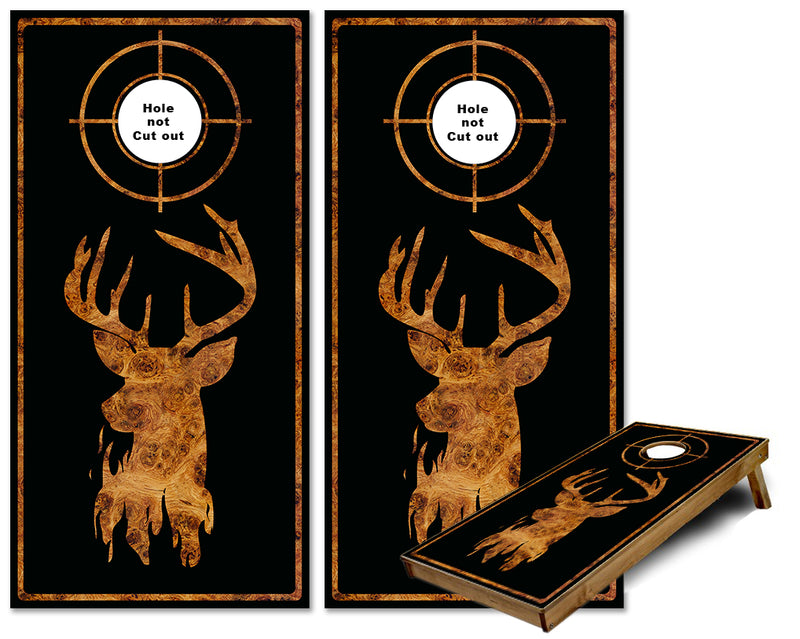 Whitetail Buck Silhouette in Birds Eye Maple on black cornhole wraps