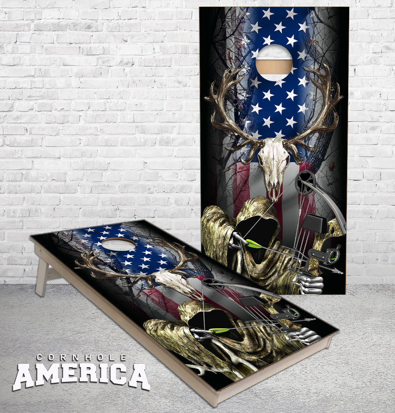 Bow Hunting Reaper American Flag stars and stripes cornhole boards