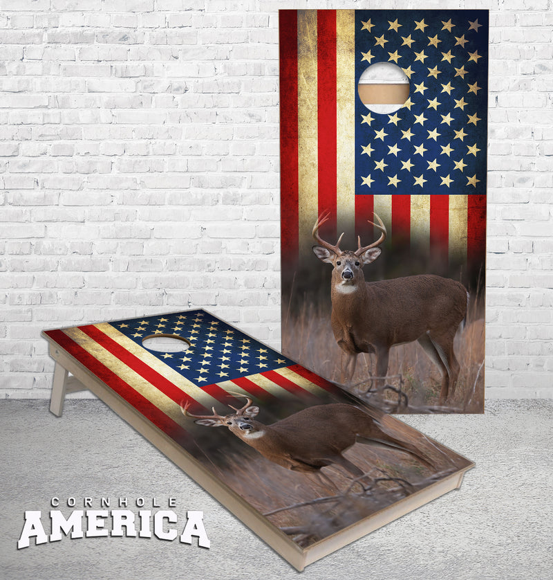 Whitetail Buck Grunge US Flag cornhole boards