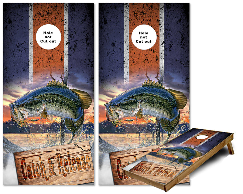 Catch and Release Bass Fish jumping over sign cornhole wraps