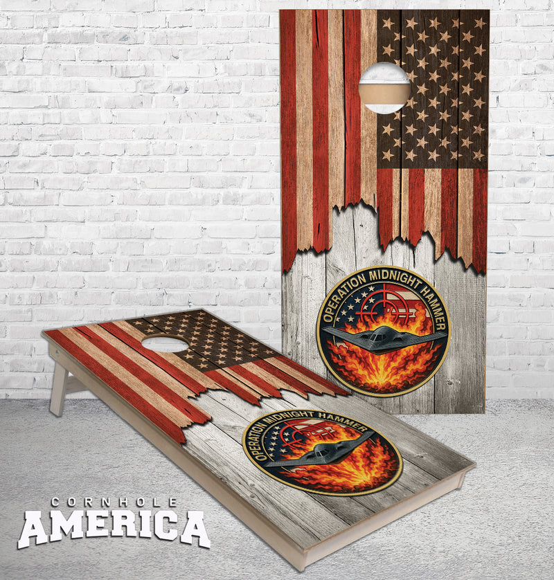 Jagged US Flag Operation Midnight Hammer cornhole boards