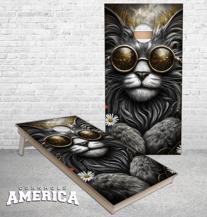 Kitten with Sunglasses and flowers cornhole boards