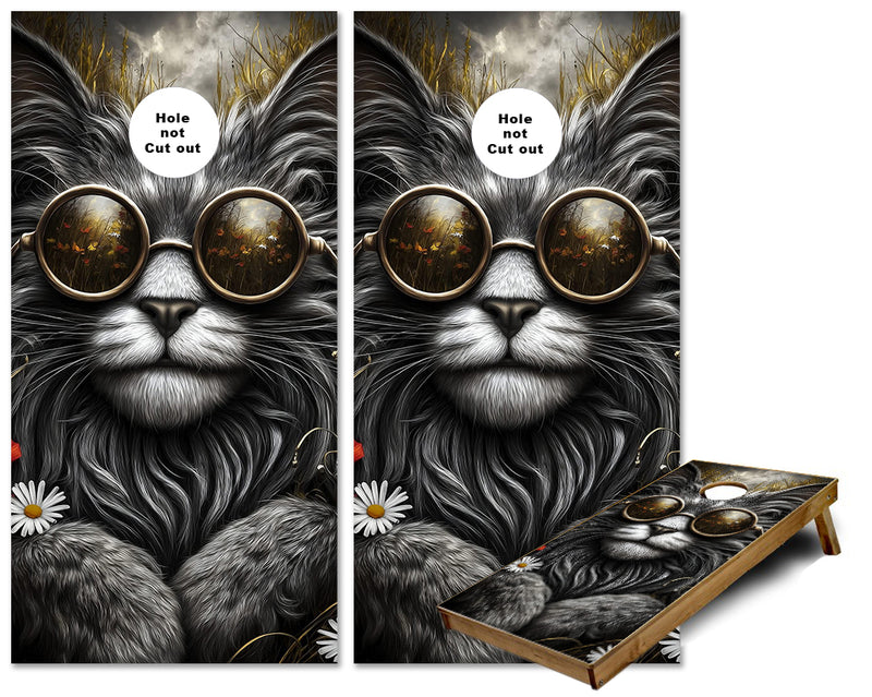 Kitten with sunglasses and flowers cornhole wraps