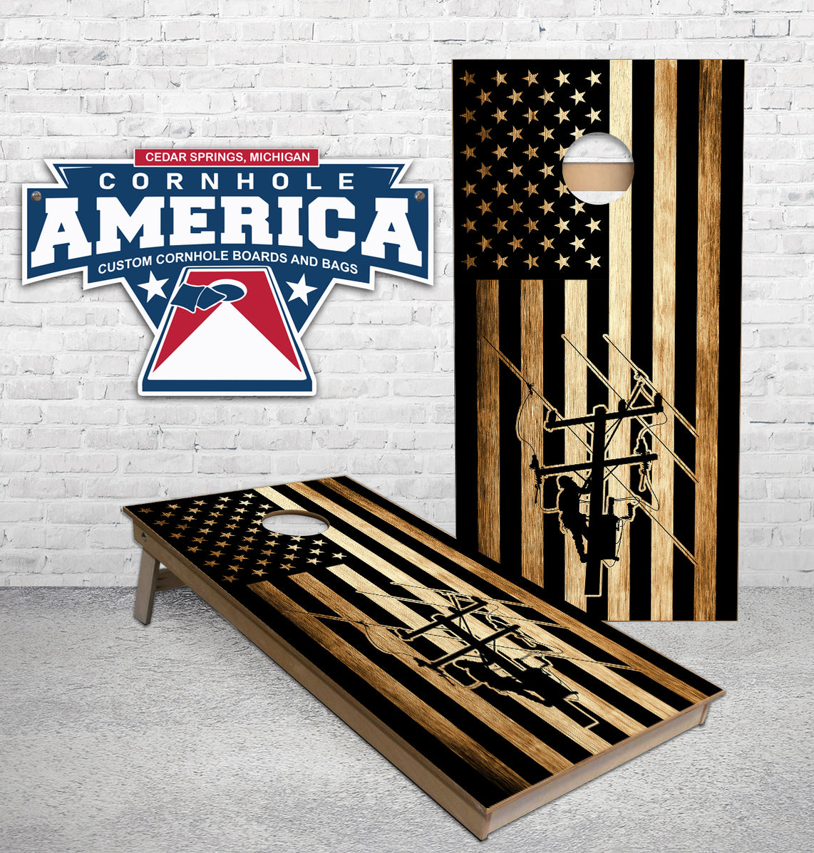 Lineman American rustic Flag cornhole boards — Cornhole America