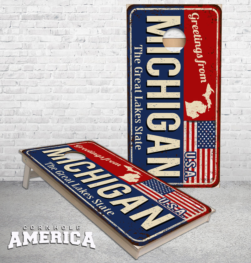 Michigan License Plate with US Flag Cornhole boards