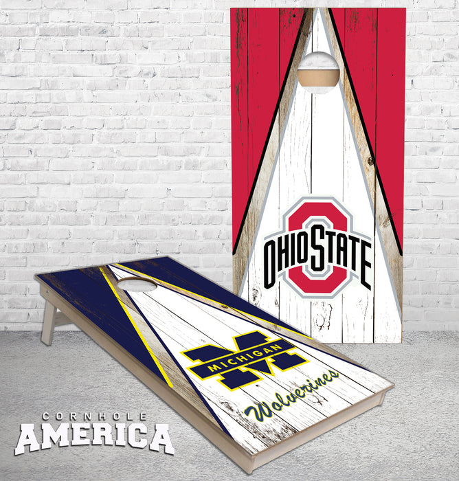Michigan and Ohio State Triangle Theme cornhole boards
